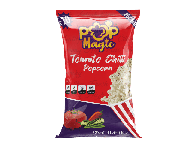 Pop Magic Tomato chilli® Ready To Eat Popcorn. A lower calorie, natural flavor made from tender white whole grain kernels. Popcorn Product: Ready To Eat Tomato chilli®