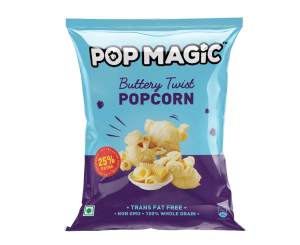 Pop Magic Buttery twist® Ready To Eat Popcorn. A lower calorie, natural flavor made from tender white whole grain kernels. Popcorn Product: Ready To Eat Popcorn Buttery twist®