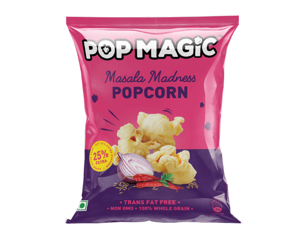 Pop Magic Masala madness® Ready To Eat Popcorn. A lower calorie, natural flavor made from tender white whole grain kernels. Popcorn Product: Ready To Eat Masala madness®