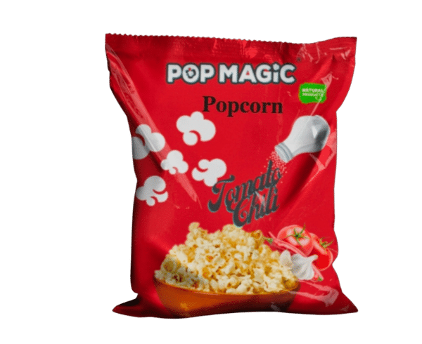 Pop Magic Tomato chili® Ready To Eat Popcorn. A lower calorie, natural flavor made from tender white whole grain kernels. Popcorn Product: Ready To Eat Tomato chili®