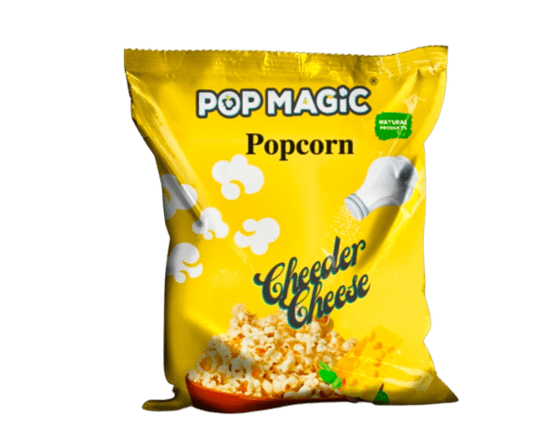 Pop Magic Cheeder cheese® Ready To Eat Popcorn. A lower calorie, natural flavor made from tender white whole grain kernels. Popcorn Product: Ready To Eat Cheeder cheese®