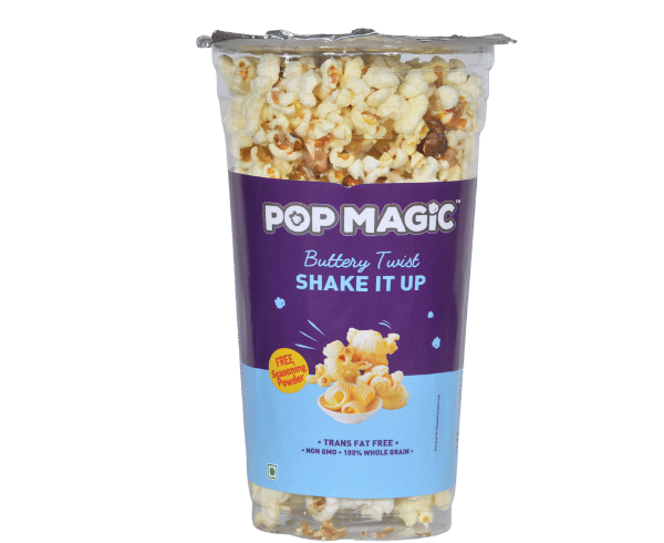 Pop Magic Buttery twist cup® Ready To Eat Popcorn. A lower calorie, natural flavor made from tender white whole grain kernels. Popcorn Product: Ready To Eat Buttery twist cup®