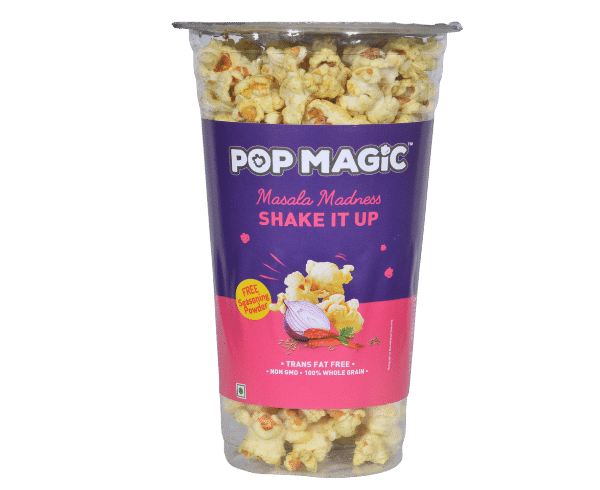 Pop Magic Masala madness cup® Ready To Eat Popcorn. A lower calorie, natural flavor made from tender white whole grain kernels. Popcorn Product: Ready To Eat Masala madness cup®