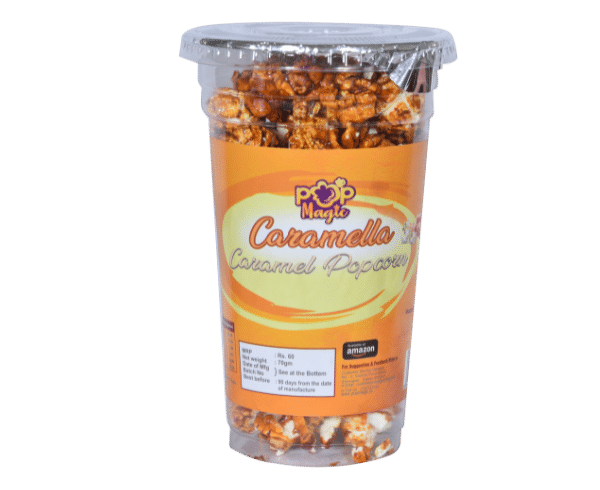 Pop Magic Caramella cup® Ready To Eat Popcorn. A lower calorie, natural flavor made from tender white whole grain kernels. Popcorn Product: Ready To Eat Caramella cup®