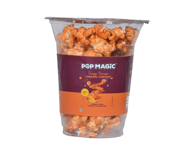 Pop Magic Tangy orange cup® Ready To Eat Popcorn. A lower calorie, natural flavor made from tender white whole grain kernels. Popcorn Product: Ready To Eat Tangy orange cup®