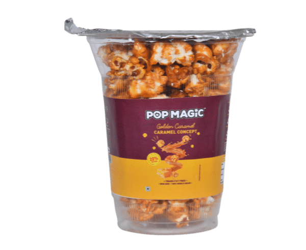 Pop Magic Golden caramel cup® Ready To Eat Popcorn. A lower calorie, natural flavor made from tender white whole grain kernels. Popcorn Product: Ready To Eat Golden caramel cup®