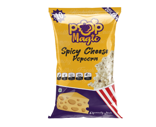 Pop Magic Spicy cheese® Popcorn. Spicy cheese® popcorn kernels with a natural flavor. Whole grain, high in fiber. Popcorn Product: Ready To Eat Spicy cheese®