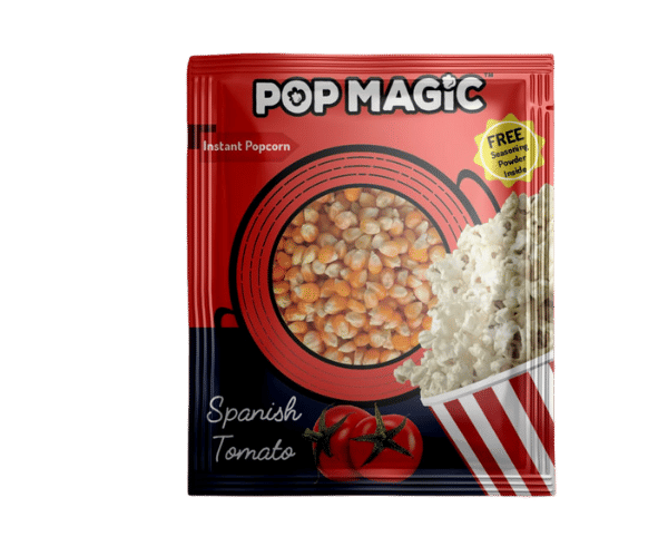 Pop Magic Spanish tomato® Ready To cook Popcorn. A sweet dessert popcorn that kids love. Yummy marhmallow flavor with topping sauce. Popcorn Product: Spanish tomato®