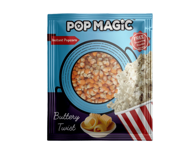 Pop Magic Buttery Twist® Ready To Cook Popcorn. A gourmet cheddar cheese flavored popcorn containing gluten-free, non-GMO kernels. Popcorn Product: Buttery Twist®