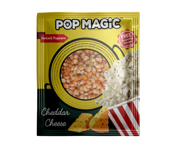 Pop Magic Cheeder cheese® Ready To Cook Popcorn. A gourmet cheddar cheese flavored popcorn containing gluten-free, non-GMO kernels. Popcorn Product: Cheeder cheese®