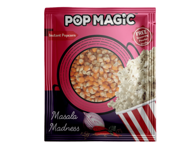 Pop Magic Masala madness® Ready To Cook Popcorn. A gourmet cheddar cheese flavored popcorn containing gluten-free, non-GMO kernels. Popcorn Product: Masala madness®