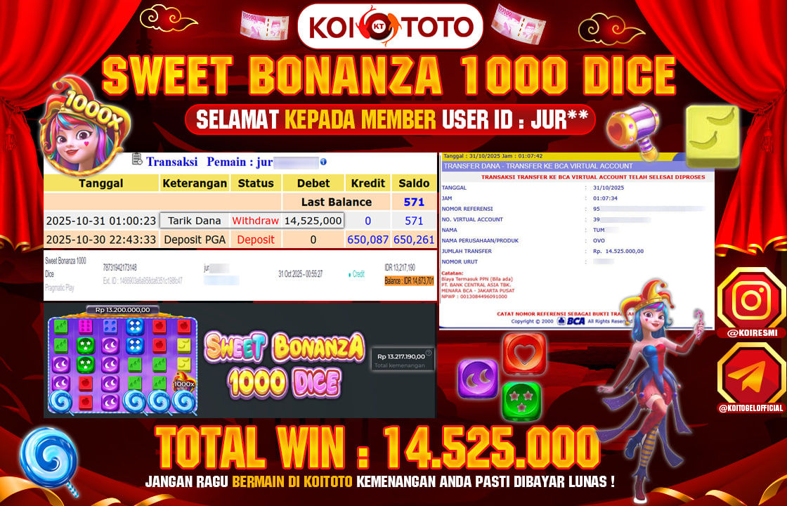 BIG WIN !! MENANG BESAR DI PERMAINAN SWEET BONANZA 1000 DICE !!! KOITOTO BAYAR LANGSUNG LUNAS SEBESAR Rp 14.525.000 !!!