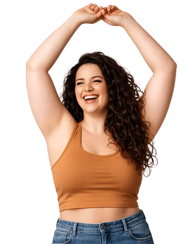 Smiling woman celebrating her weight-loss results