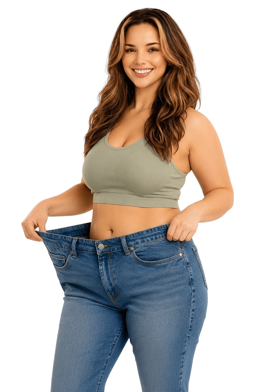 Smiling woman holding out a pair of oversized jeans after losing weight