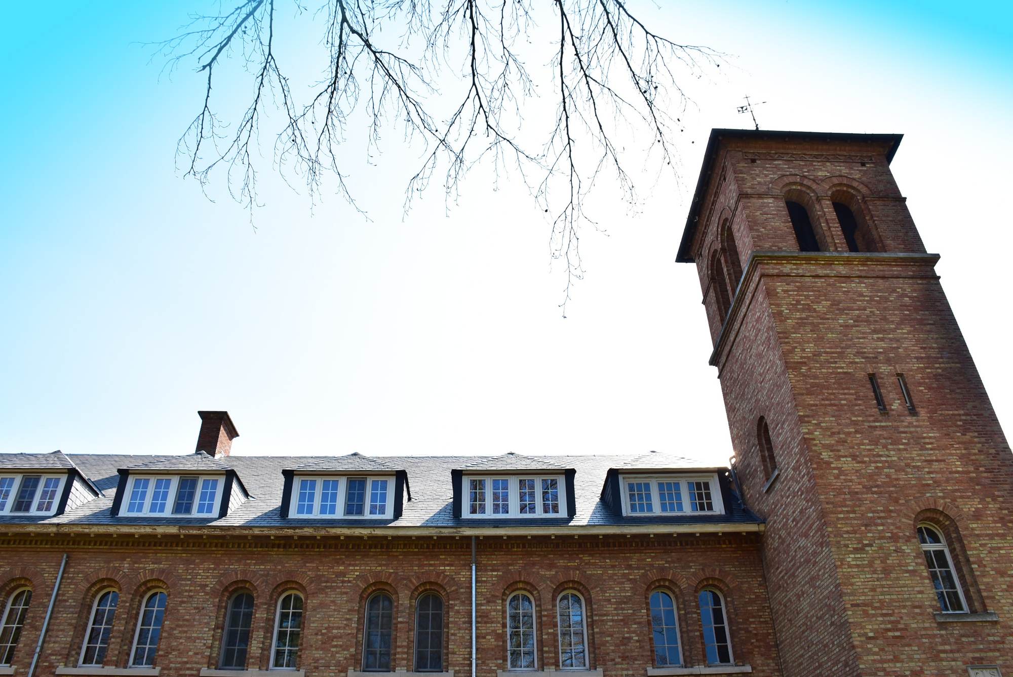 De Priorij Bethanië van onderaf gezien tussen kale takken door, met de bakstenen toren rechts en links de vleugel met het leien mansardedak en een rij dakkapellen