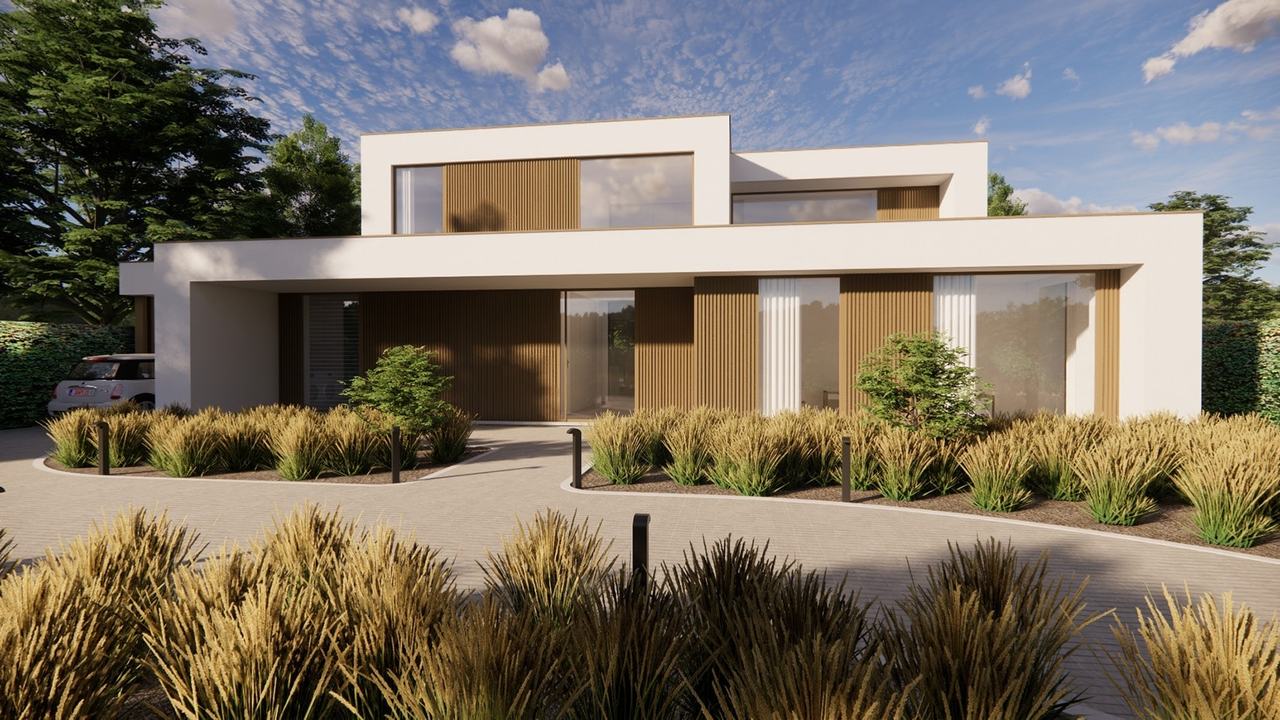 Render van de moderne villa met witte volumes, houten latwerk en platte daken