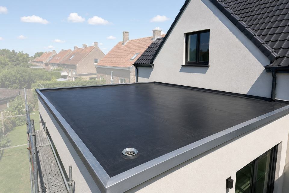 Plat dak in matzwarte dakbedekking met een metalen dakrand rondom en een ronde afvoer, op een gepleisterde uitbouw naast het pannendak van de woning