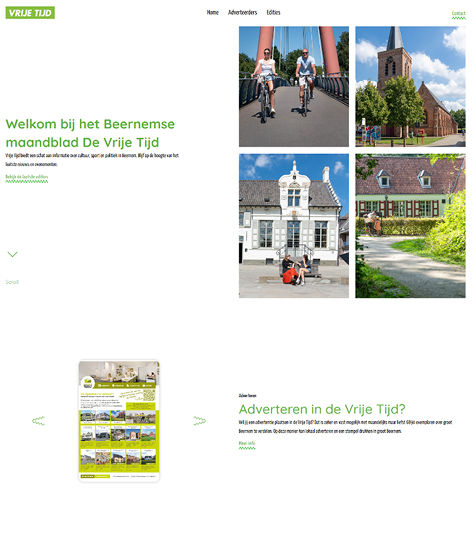 Screenshot van de "Vrije Tijd Beernem" website met foto's van fietsen, gebouwen en groene omgeving.