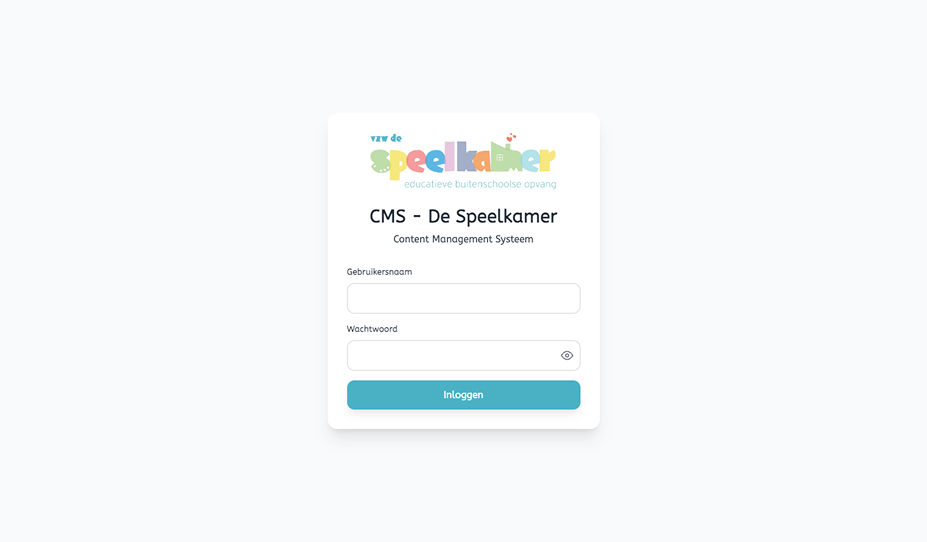 Inlogscherm van het CMS voor VZW De Speelkamer met velden voor gebruikersnaam en wachtwoord.