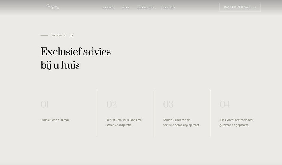 Resultaat-sectie van de website "Gordijn Studio by Kristof Kiekens" met stappen voor exclusief advies aan huis.