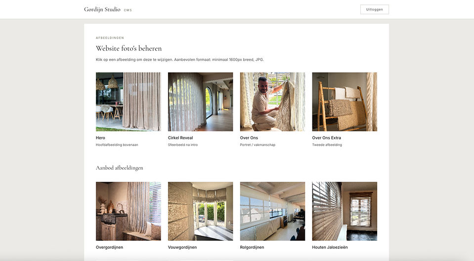 CMS van de Gordijn Studio website met een galerij van gordijnfoto's en opties voor het beheren van afbeeldingen.