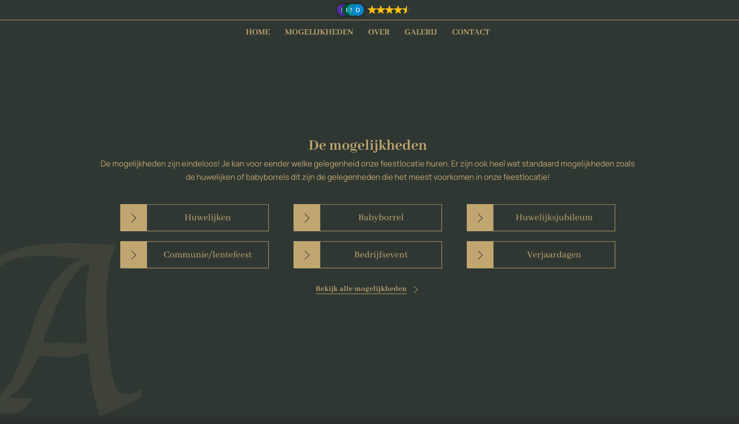 Donkergroene webpagina met gouden knoppen voor verschillende feestmogelijkheden bij Feestlocatie Alegria.