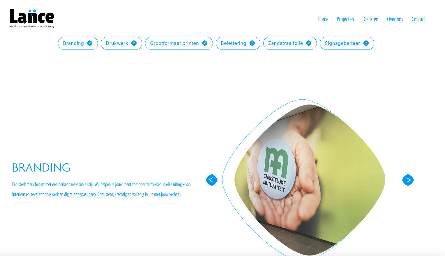 The Lance projectpagina met brandingopties en een afbeelding van handen die een logo vasthouden.