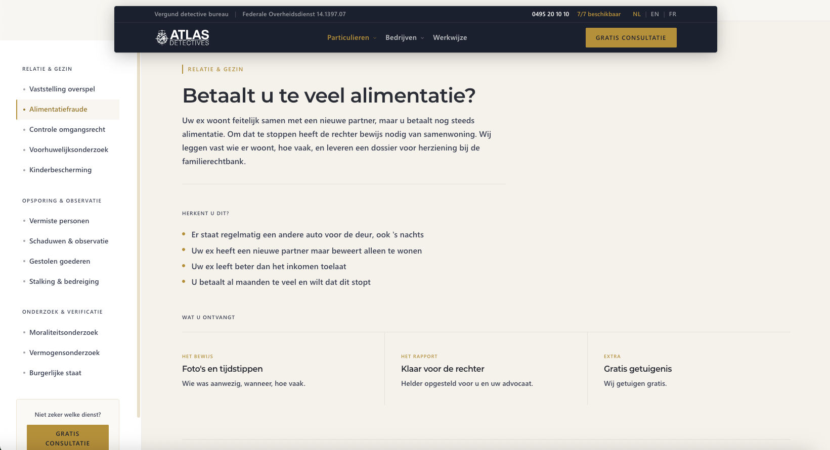Webpagina van Atlas Detectives met de sectie "Betaalt u te veel alimentatie?" en een lijst van diensten en voordelen.