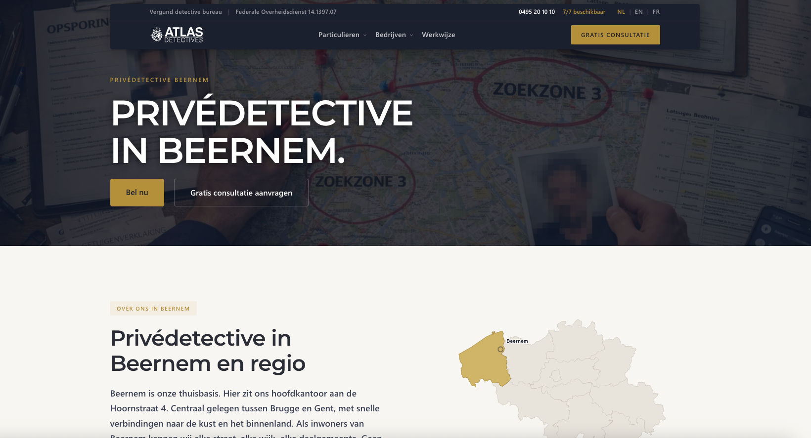 Website van Atlas Detectives met een kaart en tekst over privédetectives in Beernem.