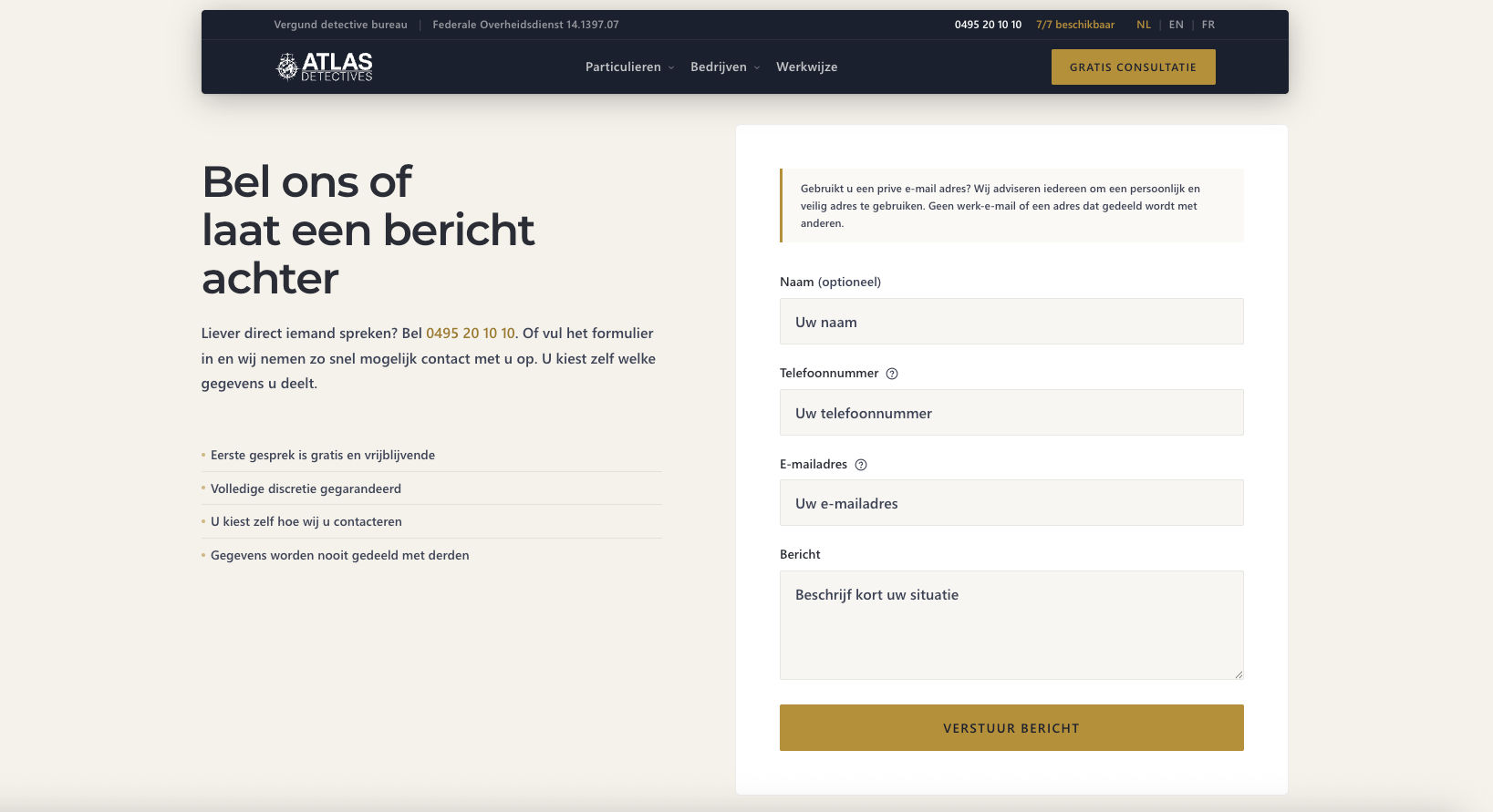 Contactformulier van Atlas Detectives met velden voor naam, telefoonnummer, e-mailadres en bericht.