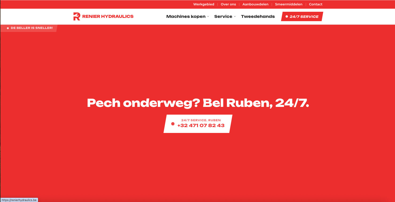 Rode achtergrond met tekst: "Pech onderweg? Bel Ruben, 24/7." en contactnummer, bovenaan "Renier Hydraulics" logo.