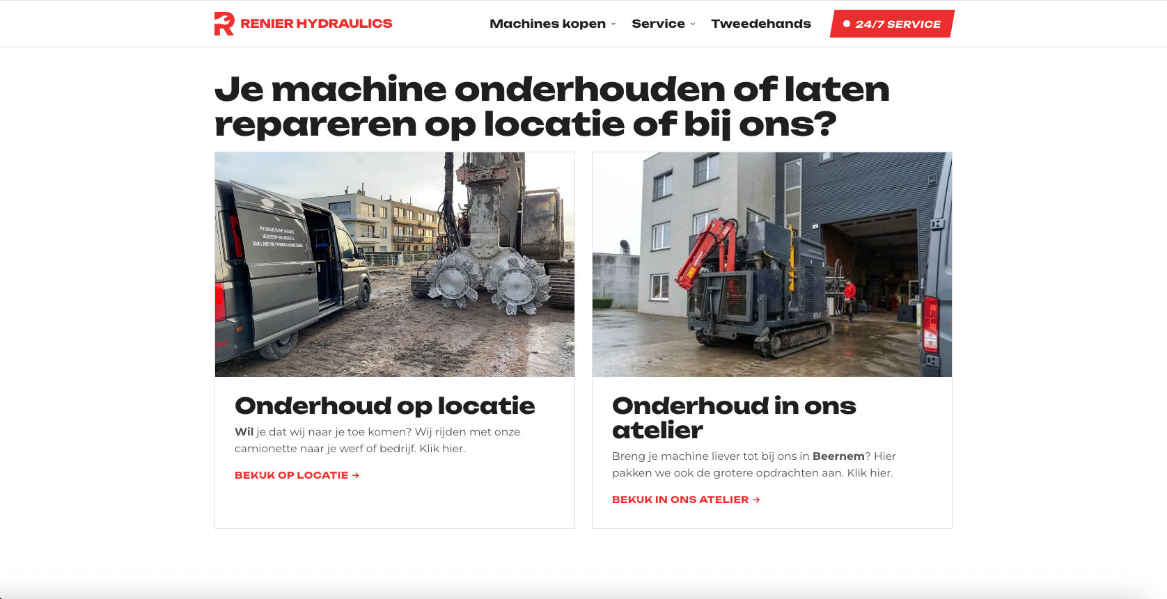 Twee afbeeldingen van onderhoudsdiensten bij Renier Hydraulics: op locatie en in het atelier, met bijbehorende tekst en links.