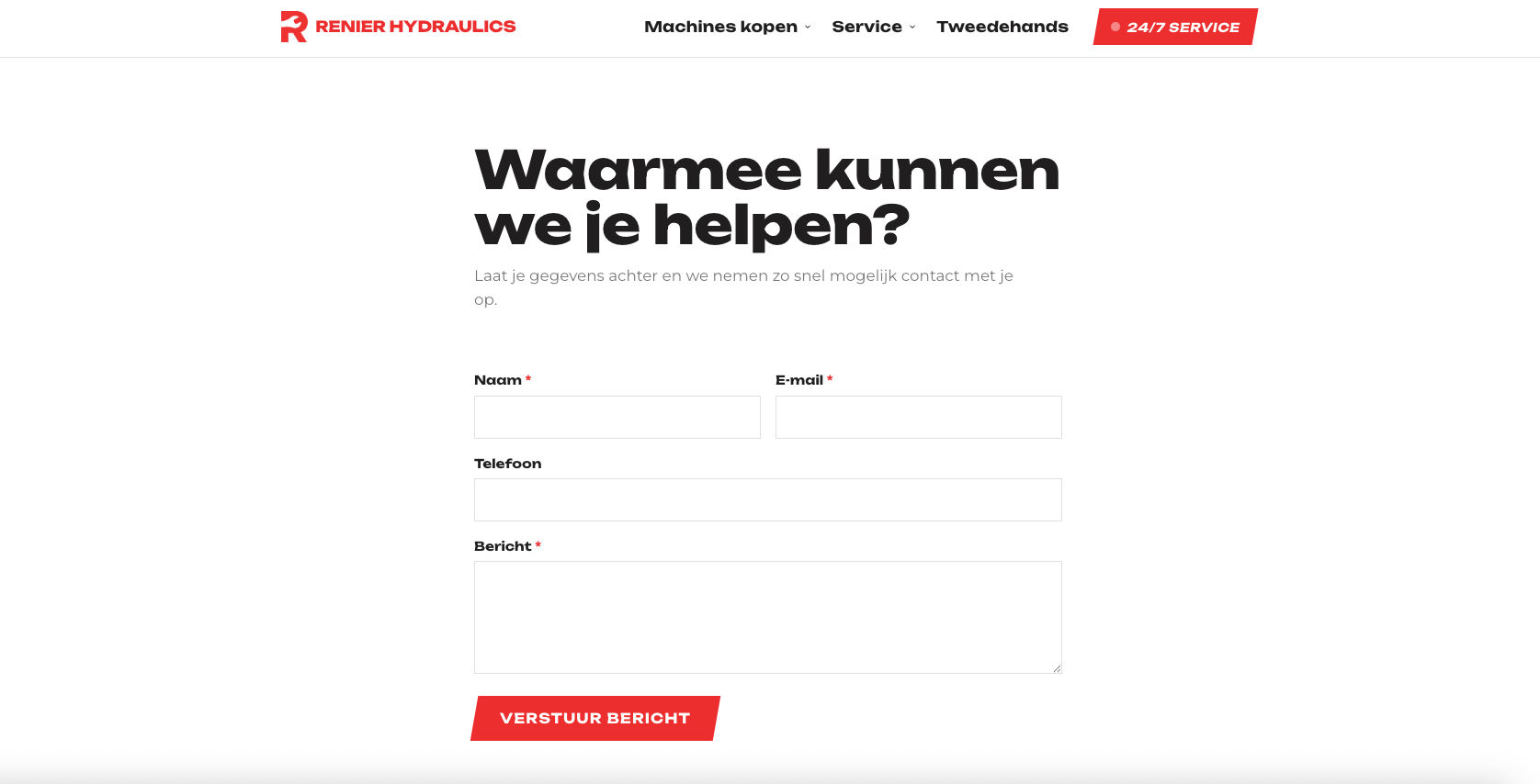 Formulier met velden voor naam, e-mail, telefoon en bericht, met een rode knop "Verstuur Bericht" onderaan.