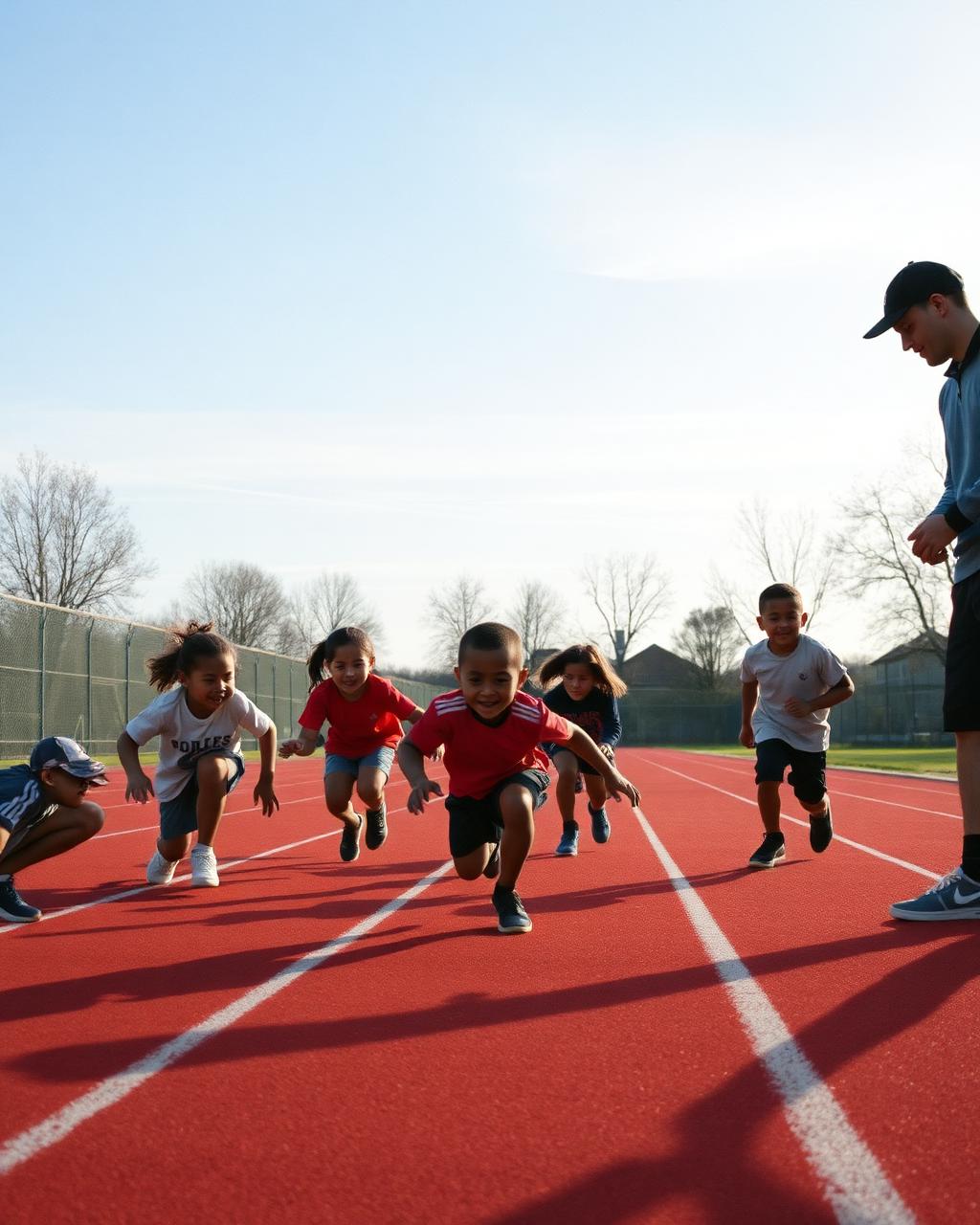 Children practising sprint starts with a coach