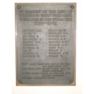 Commemorative plaque at St Mary's Church Westwood - World War Two