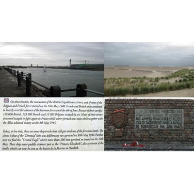 Bottom left: Notice at Bray Sands, one of the main evacuation beaches. Top right: Modern view of the beach at Bray, summer 1940 wrecks clearly visible at low water. Top left: View of Dunkirk harbour from the Eastern Mole. Bottom right: Commemorative wall near the Eastern Mole. 239,446 men were lifted off the Mole, 98,780 from nearby beaches.