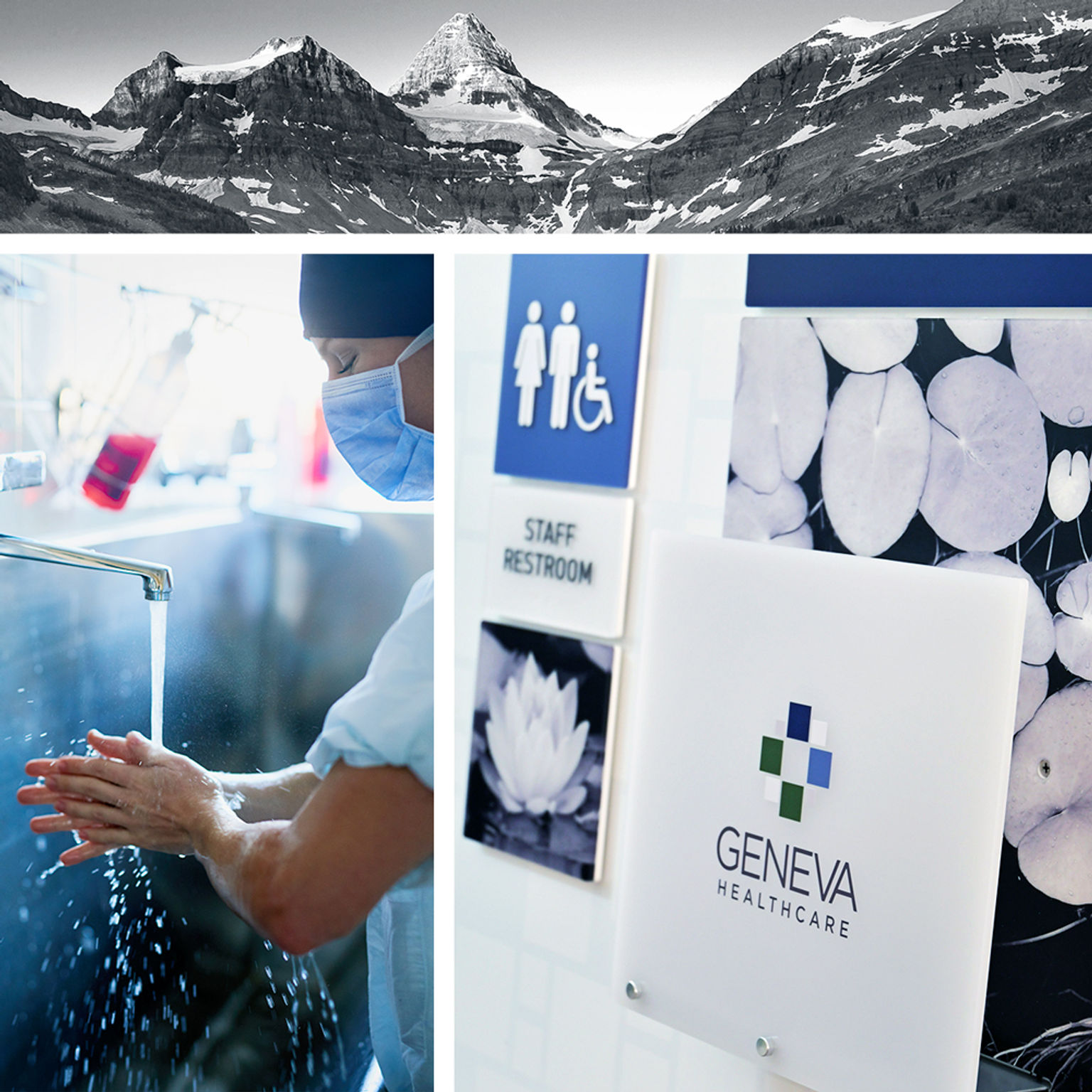 A branded signage and wall accessory system designed for a healthcare system is pictured next to a doctor washing hands and a photo of a dramatic mountainscape.