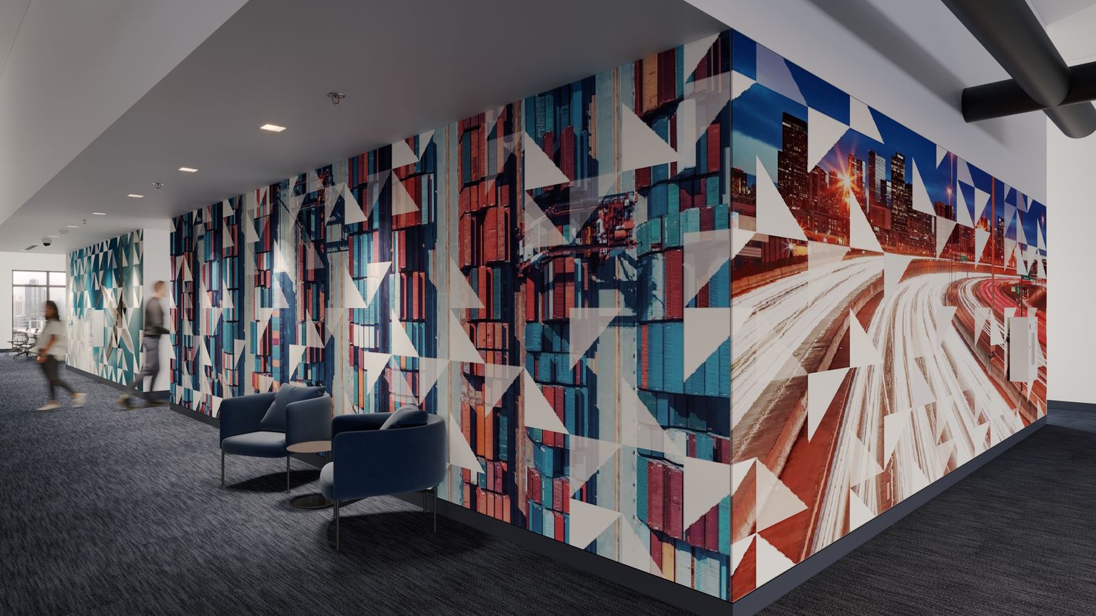 Experiential graphics in a corporate office corridor featuring custom wallcovering with full-color images of freight transportation.