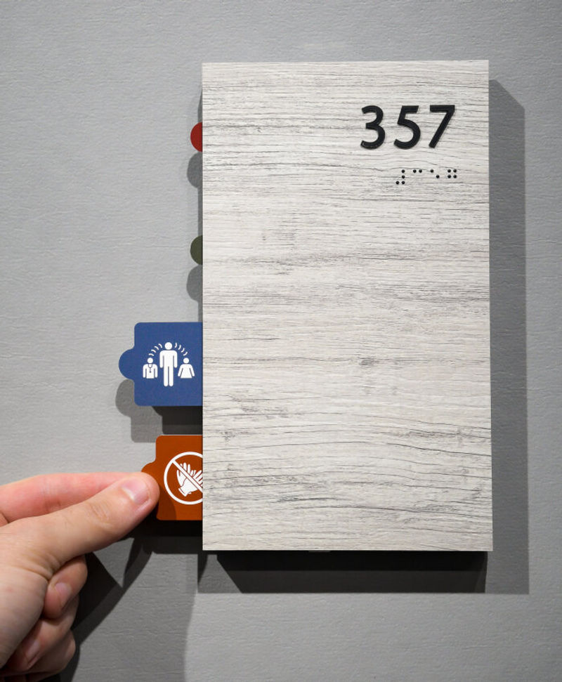Attend Patient Room Signage for healthcare with Wilsonart White Driftwood Laminate