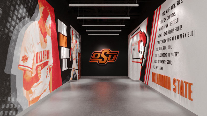 Rendering of a hallway at Oklahoma States baseball facility with wall-to-wall Amplify wallcoverings and Ethos dimensional letters .