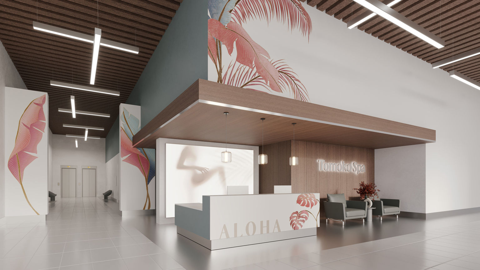 An immersive, tropical-themed experiential graphic installation in a modern health spa lobby with custom wall covering, silicone edge graphics, and an illuminated dimensional logo.