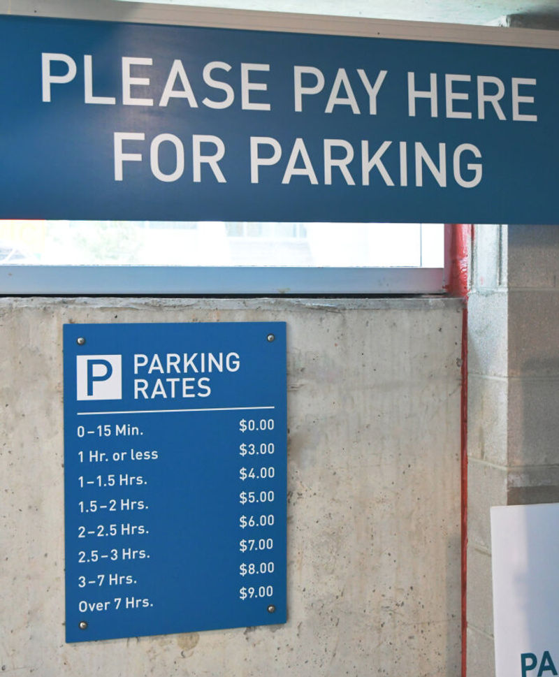 Transit single sided parking garage signage with parking rates