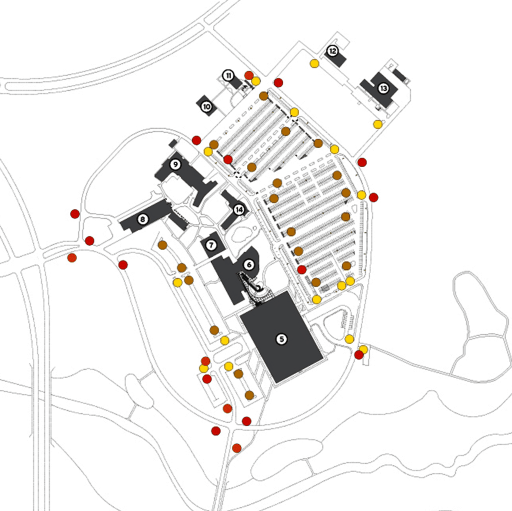 Looking down on a Health Care site survey marked with sign locations.