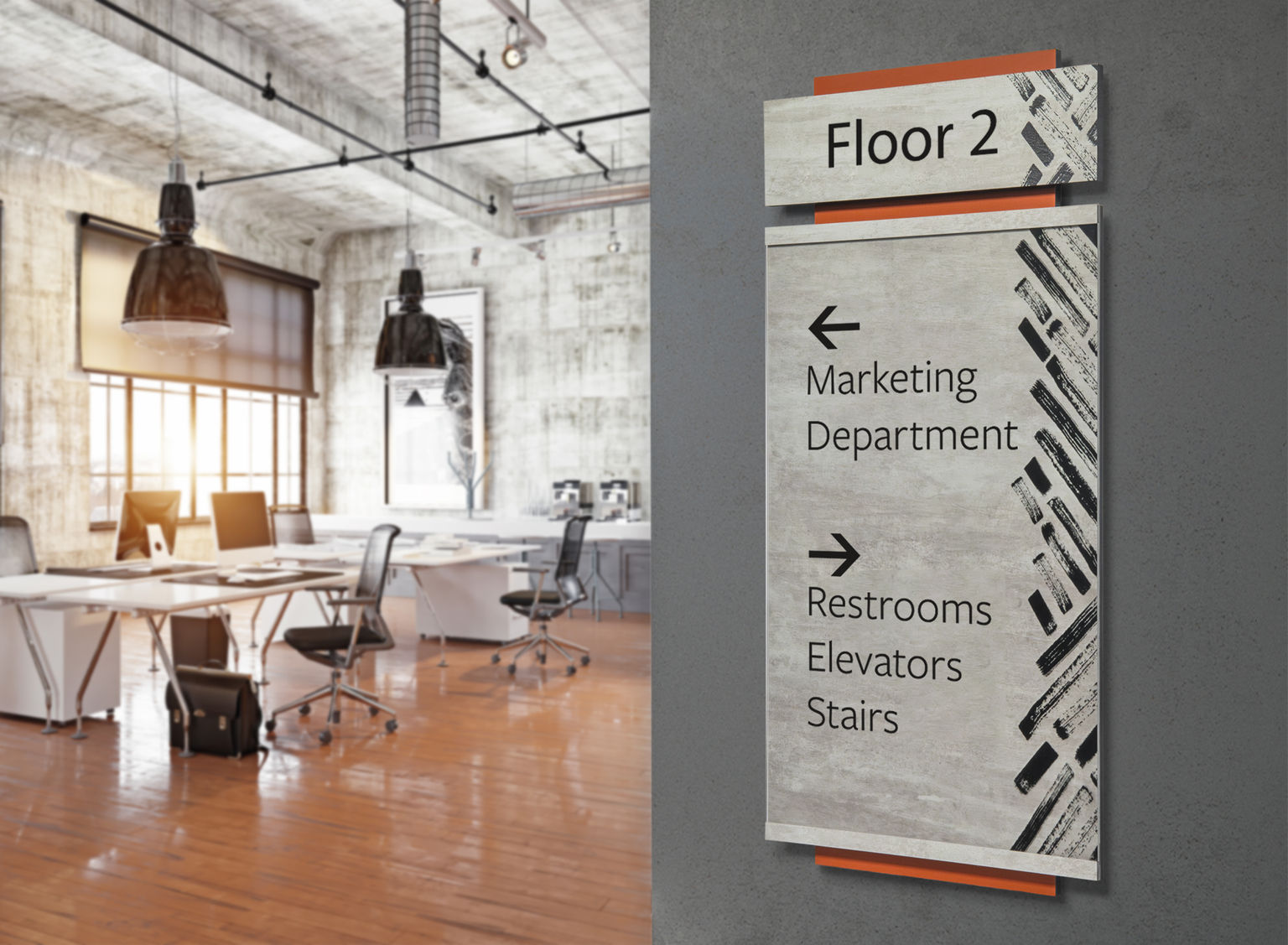 An interior Fusion directory sign outside a contemporary office space with orange and concrete laminates to compliment the space.