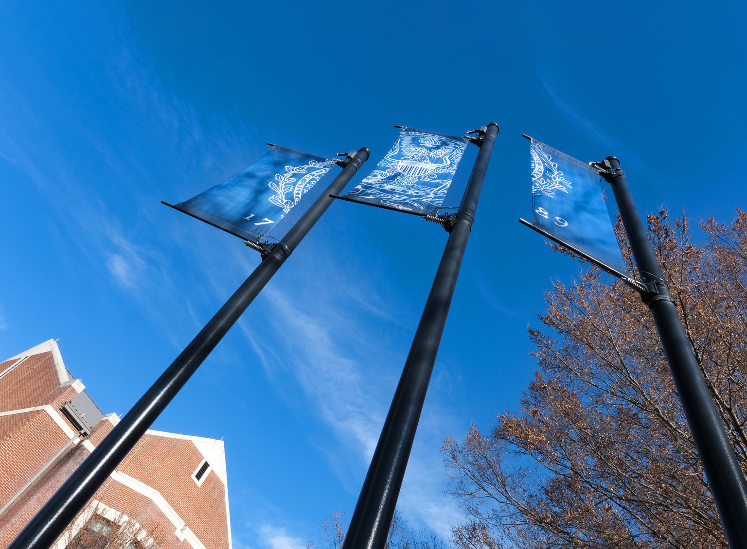 Three exterior banners custom printed and attached to large pole in a Higher Education campus courtyard.