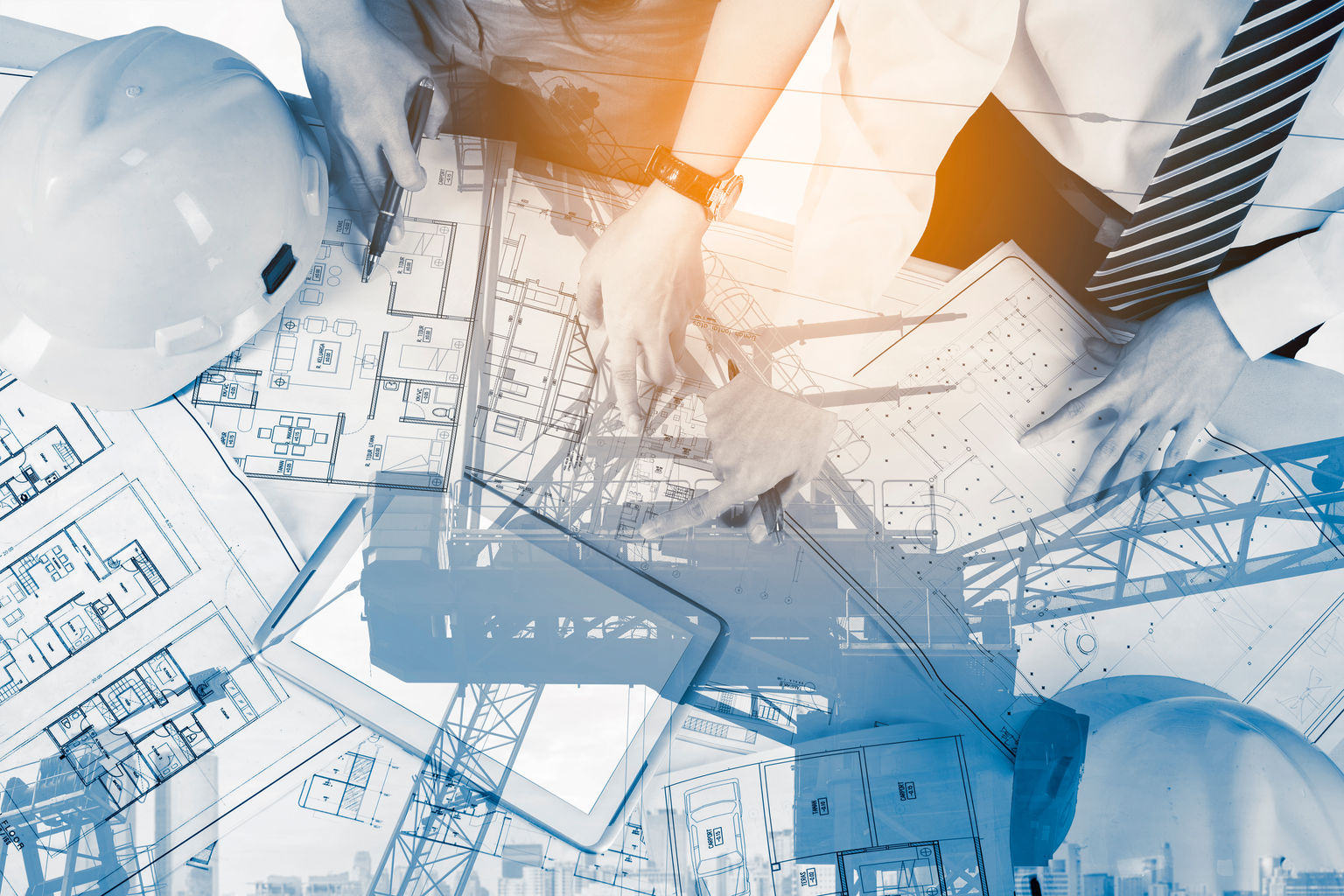 Multiple exposure photo with architectural drawings