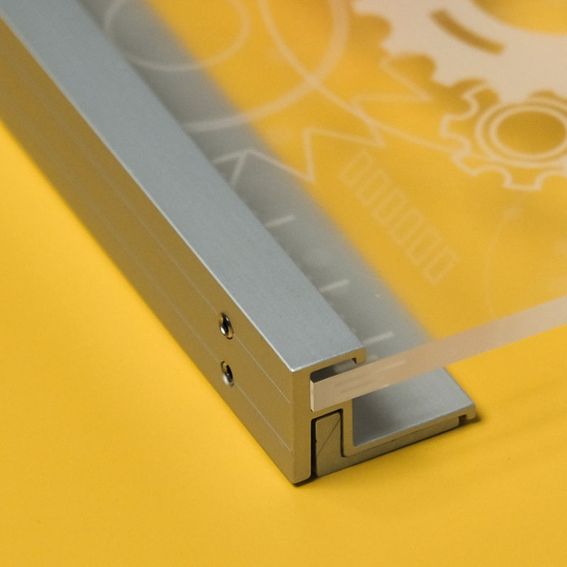 Close-up detail of Lucid's concealed hardware aluminum and acrylic construction with custom graphics