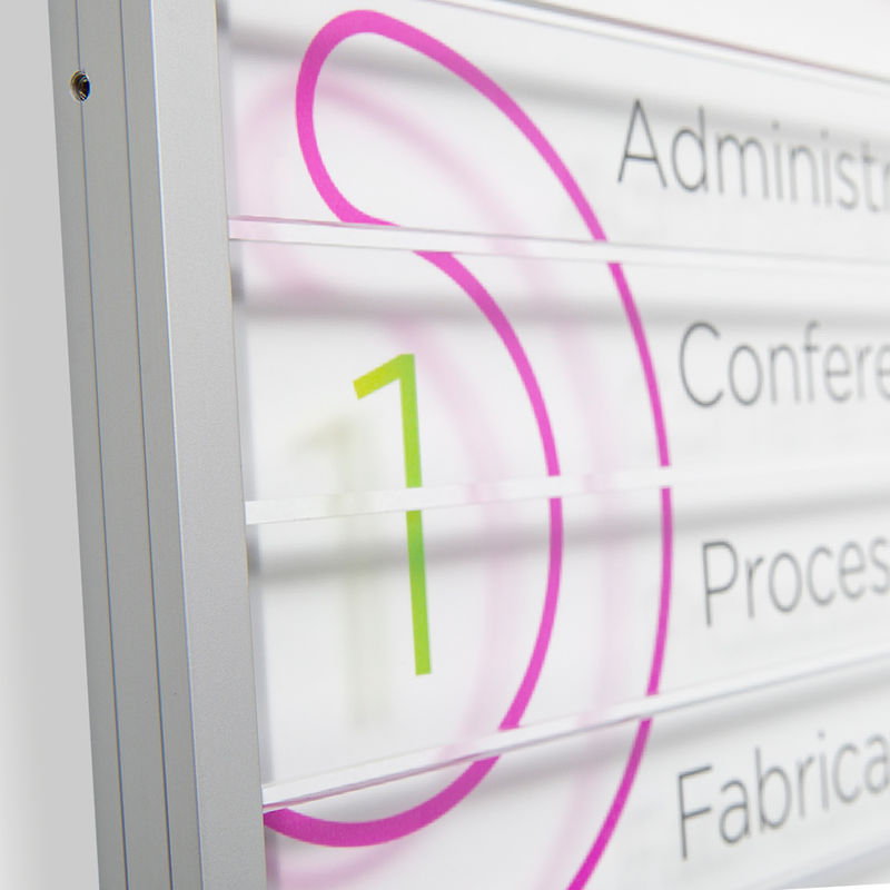 Close-up view of directory sign components featuring colorful multi-surface printing of custom graphics and text
