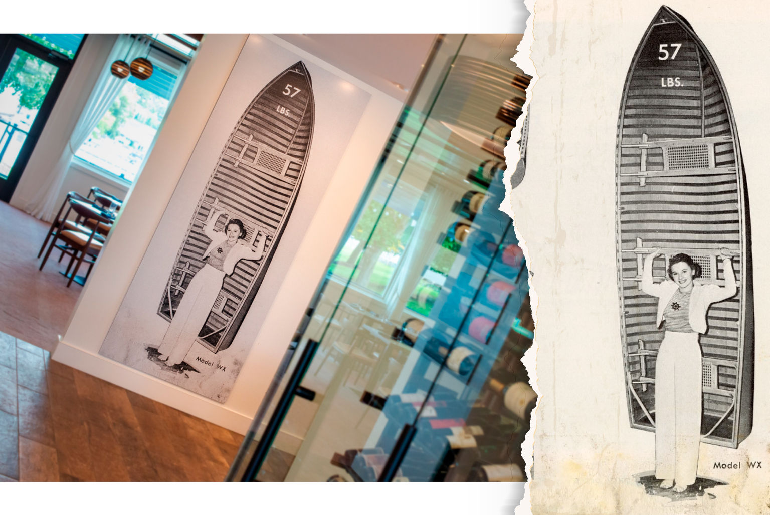 An original graphic of a woman holding a wood boat translated and printed on Amplify custom wallcovering.