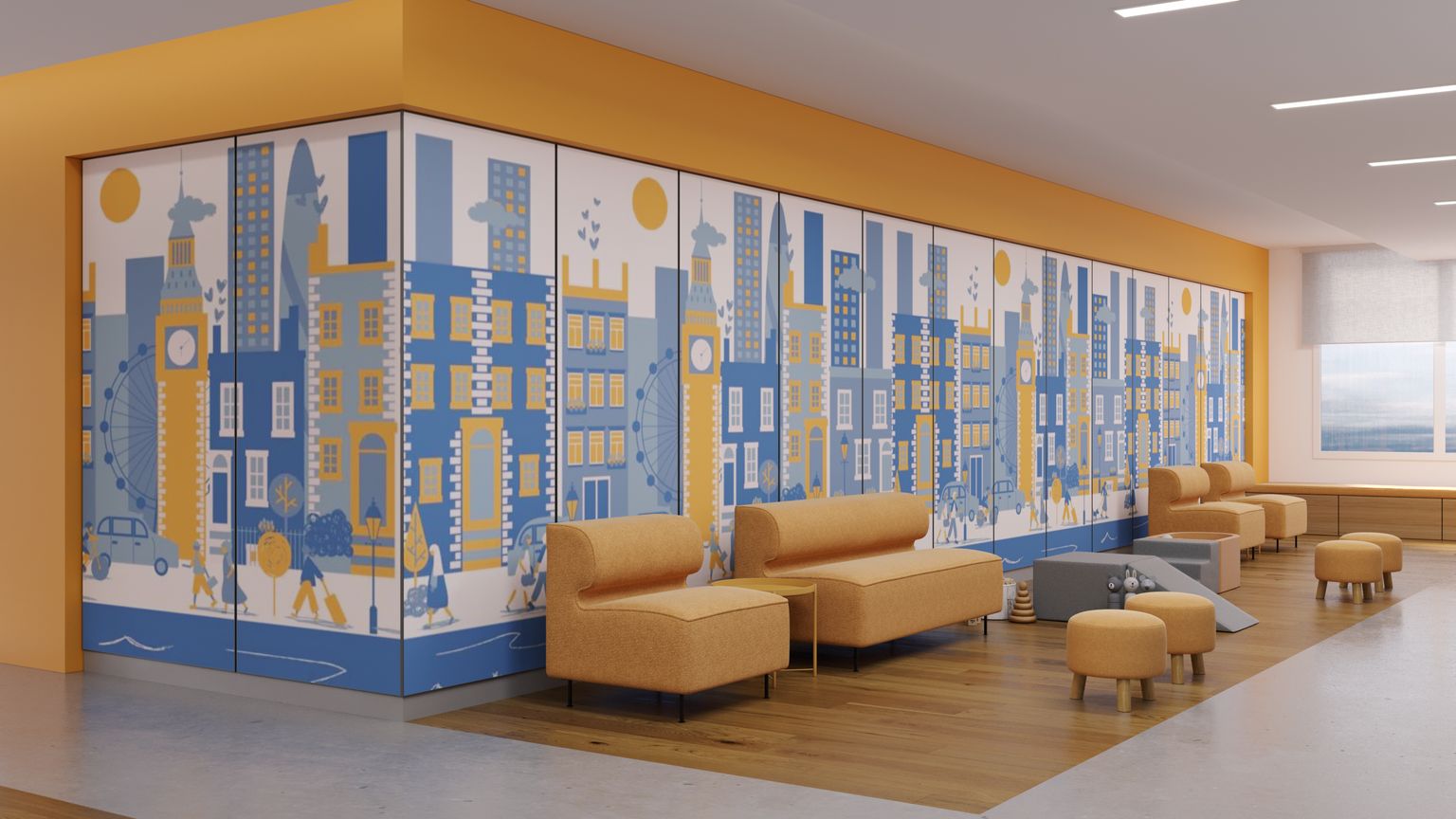 An immersive art installation of a playful cityscape on graphic panels in a pediatric hospital seating area.